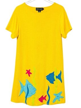 Vintage Richard Sport Yellow Terry Cloth Fish Applique Beach Coverup Dress Small